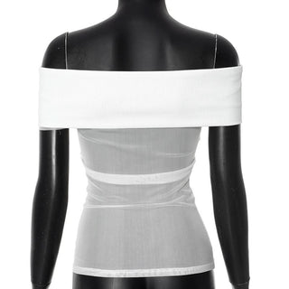 Off shoulder mesh cross pattern tube top