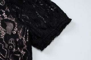 Short sleeve hollow out lace high neck cut out mini dress