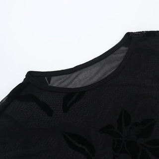 Crewneck sheer mesh print cap sleeve top