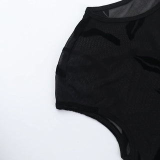 Crewneck sheer mesh print cap sleeve top