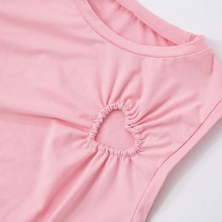 Hollow out ruched crewneck solid pant set