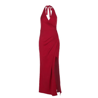 V neck halter self tie slit ruched maxi dress