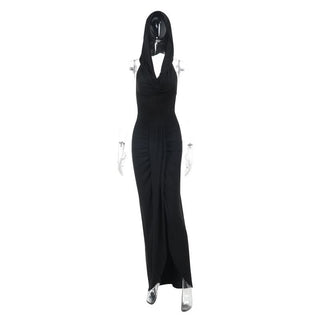 Hoodie ruched slit cowl neck solid maxi dress