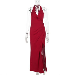 V neck halter self tie slit ruched maxi dress