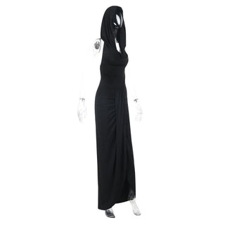Hoodie ruched slit cowl neck solid maxi dress
