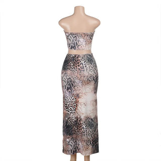 Leopard print corset backless tube maxi skirt set