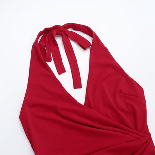 V neck halter self tie slit ruched maxi dress