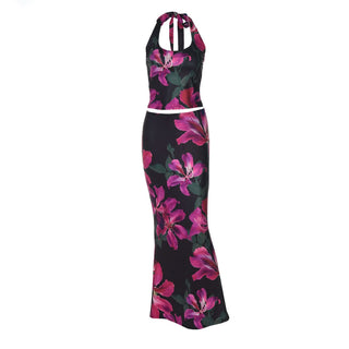Halter self tie u neck flower print maxi skirt set