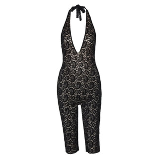 Halter self tie v neck lace backless romper