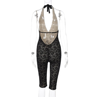 Halter self tie v neck lace backless romper
