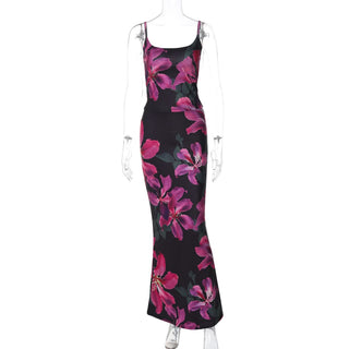 U neck flower print backless cami maxi skirt set