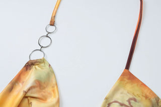 Cowl neck o ring halter self tie print mini dress