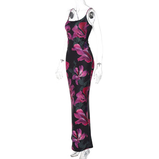 U neck flower print backless cami maxi skirt set