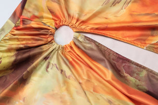 Cowl neck o ring halter self tie print mini dress