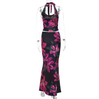 Halter self tie u neck flower print maxi skirt set