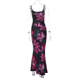 U neck flower print backless cami maxi skirt set