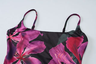 U neck flower print backless cami maxi skirt set