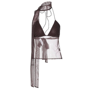 Polka dot v neck halter self tie mesh top