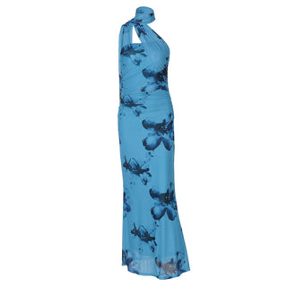 Halter ruched print irregular maxi dress