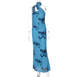 Halter ruched print irregular maxi dress