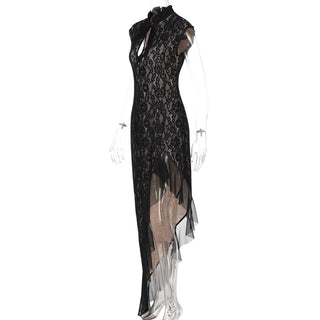 Irregular hollow out self tie zip-up lace cut out midi dress