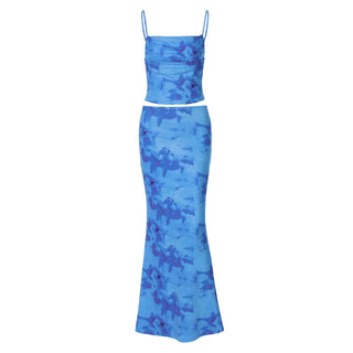 Square neck print backless cami maxi skirt set