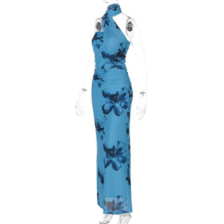 Halter ruched print irregular maxi dress