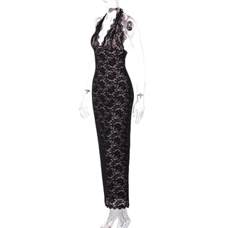 Slit self tie halter lace v neck maxi dress