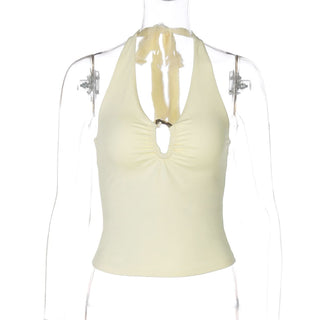 Hollow out ruched halter self tie backless cut out top