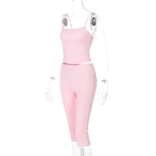 Lace hem bowknot ribbed u neck cami pant set