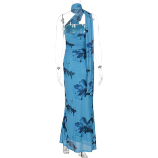 Halter ruched print irregular maxi dress