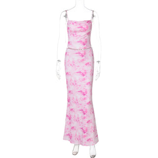 Square neck print backless cami maxi skirt set