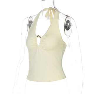 Hollow out ruched halter self tie backless cut out top