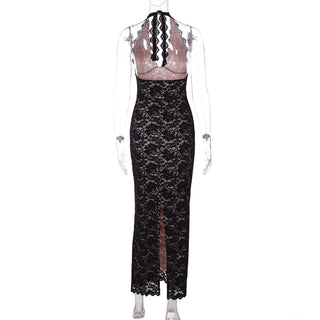 Slit self tie halter lace v neck maxi dress