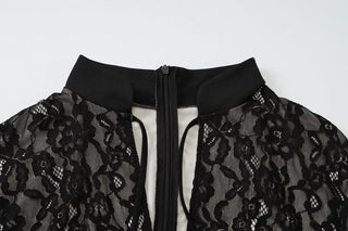 Irregular hollow out self tie zip-up lace cut out midi dress