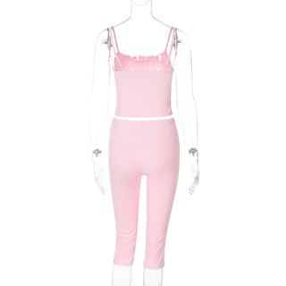 Lace hem bowknot ribbed u neck cami pant set