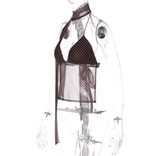 Polka dot v neck halter self tie mesh top