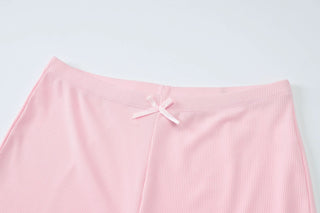 Lace hem bowknot ribbed u neck cami pant set