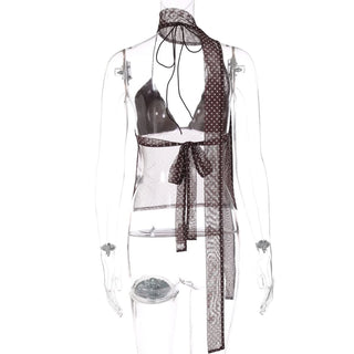 Polka dot v neck halter self tie mesh top