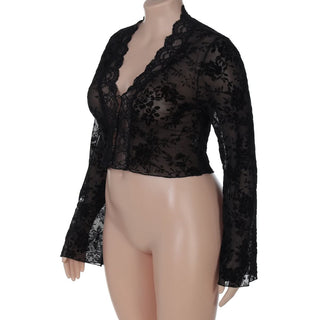 Long sleeve lace V neck see through button top