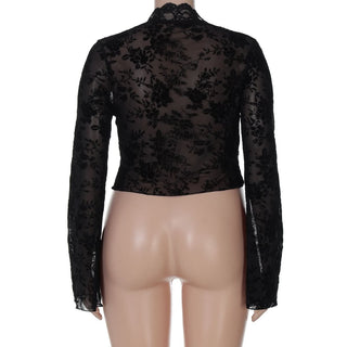 Long sleeve lace V neck see through button top