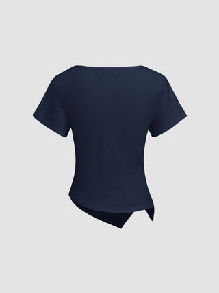Cotton-blend Boat Neck Ruched Asymmetrical Hem Tee