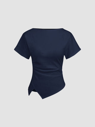 Cotton-blend Boat Neck Ruched Asymmetrical Hem Tee