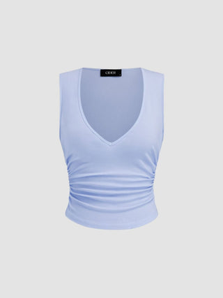 Cotton-blend V-neck Ruched Tank Top
