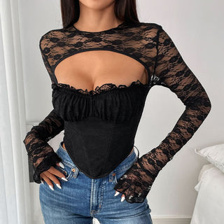 Long sleeve lace ruffle hollow out corset cut out top