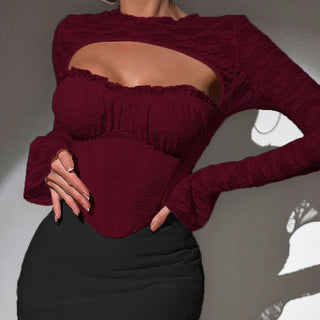 Long sleeve lace ruffle hollow out corset cut out top