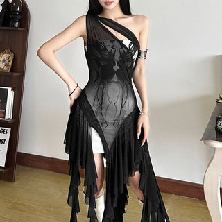 One shoulder mesh patchwork ruffle abstract 2 piece mini dress