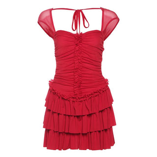 Ruched ruffle mesh backless mini dress
