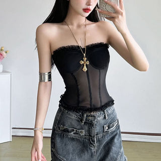 Sweetheart neck ruffle mesh backless top