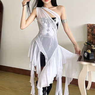 One shoulder mesh patchwork ruffle abstract 2 piece mini dress